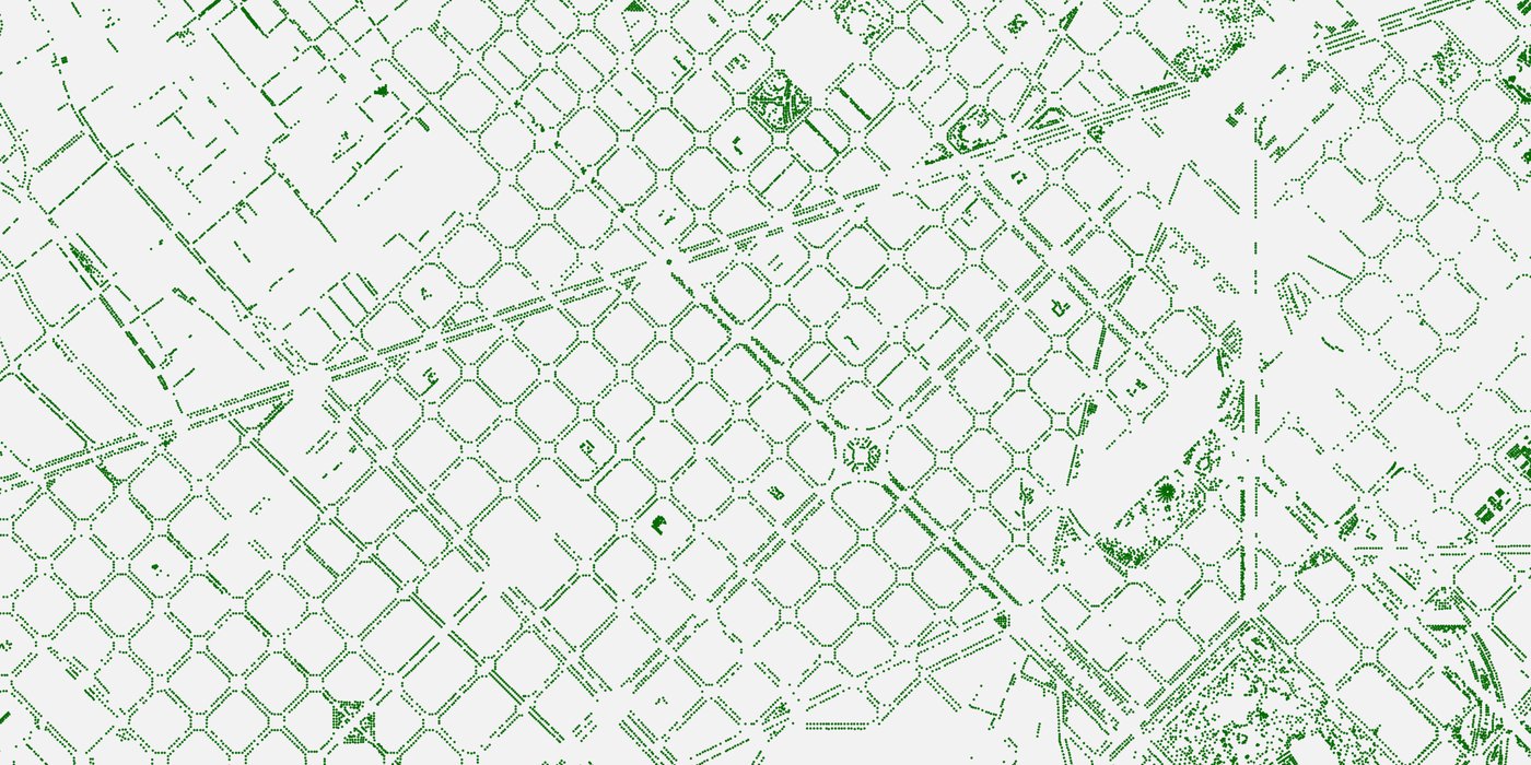 Close-up detail crop of the Barcelona tree map print showing the Eixample grid