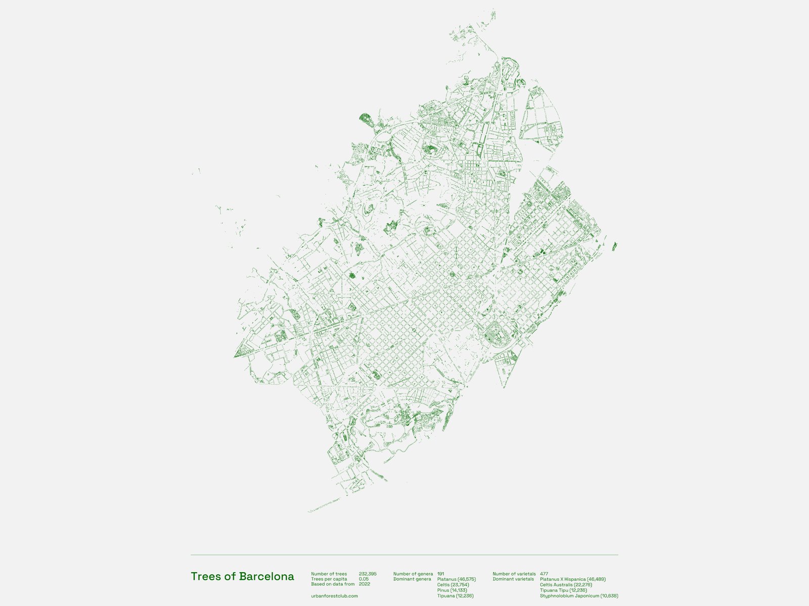 Minimalist print mapping every public tree in Barcelona