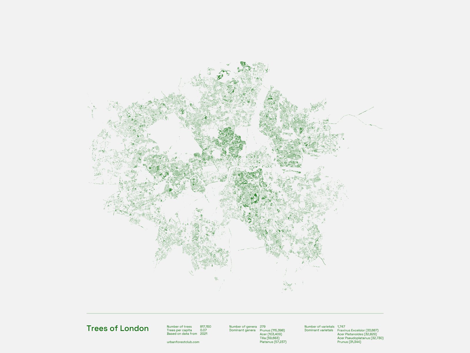 Minimalist print mapping every public tree in London